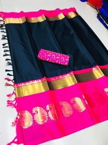 Traditional Party Wear Black And Pink Color Pure Soft Cotton Silk Saree With Blouse Piece