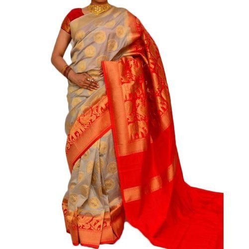 Summer Best Price Ladies Grey And Red Colour Party Wear Printed Pure Silk Saree