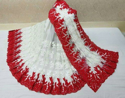 Party Wear Best Price Ladies White And Red Colour Designer Embroidered Net Saree