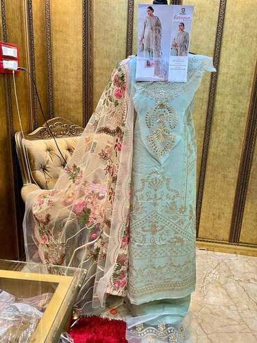 Blue Pink Embroidery Work Chiffon Indian Unstitched Salwar Suit For Ladies