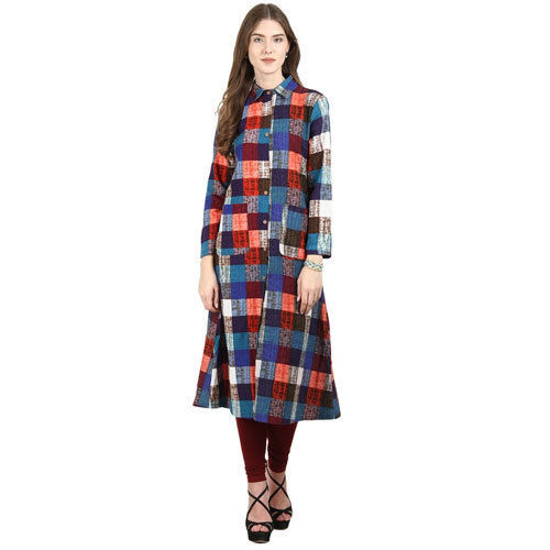 Multicolour Ladies Checked Multi Colour Knee Length Full Sleeves Chiffon Fancy Kurti