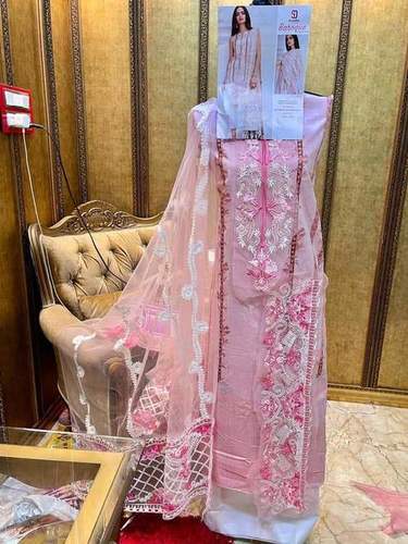 Unstitched Blue And Pink Embroidery Work Chiffon Indian Salwar Suit For Ladies Decoration Material: Ribbons