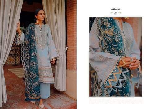 Unstitched Light Blue Embroidery Work Chiffon Indian Salwar Suit For Ladies Decoration Material: Ribbons