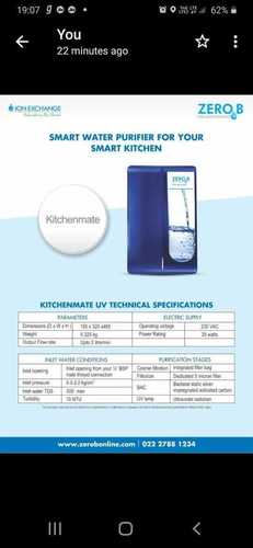 10-15 Litres Smart Water Purifier For Your Smart Kitchen Installation Type: Wall Mounted