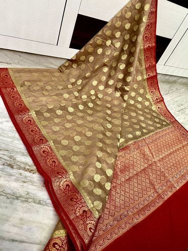 Plain Banarasi Red And Golden Printed Chiffon Georgette Stone Work Party Wear Ladies Sarees