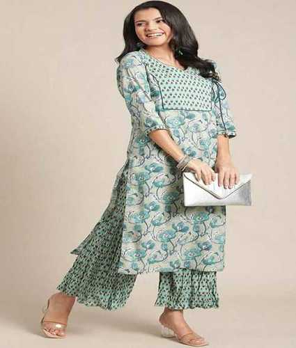 Green And White Color Printed Cotton Kurti For Female Person, (L, M, S, Xl)