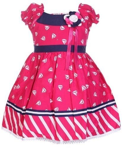 Kids Half Sleeve Pink And White Casual Wear Printed Cotton Frock