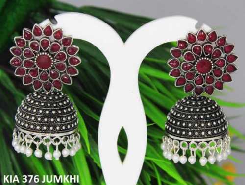 Ladies Black And Red Designer Oxidised Jhumka Earrings Set, 3.5 Inch  Gender: Women