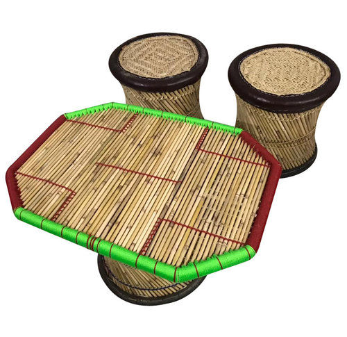 Natural Extra Large Bamboo Mudha Stool with Handmade Bamboo Table (Set Of 3)