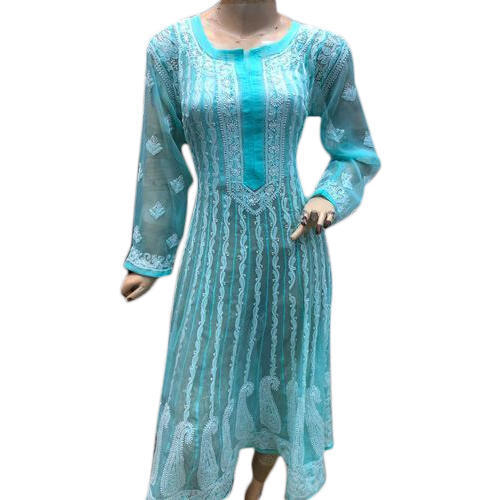 Silk Beautiful Ladies Fancy Anarkali Kurti Blue Colour Embroidered With Chiffon Kurti