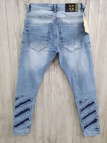Sky Blue Color Stretchable Denim Solid Mid Waist Slim Fit Jeans For Men