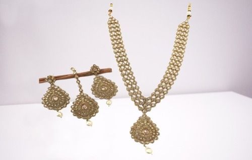 Wedding And Party Wear Golden Kundan Polki Long Necklace Set For Women Tie Clips