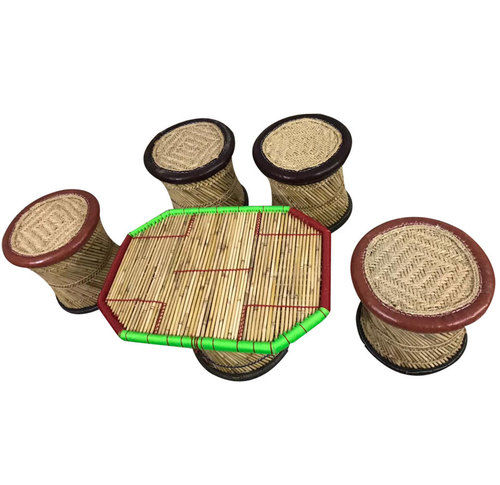 Handcrafted Extra Large Mudha Stools With Table For Sitting Indoor/Outdoors Set Of 5