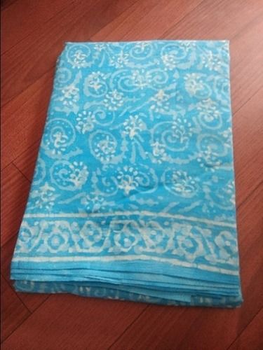 Summer Ladies Blue Colour Hand Block Prints Pure Cotton Saree For Regular Wear