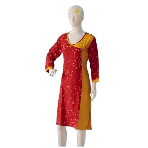  महिलाओं के लिए कैज़ुअल वियर कॉटन सिल्क बांधनी कुर्ती पीला और लाल रंग