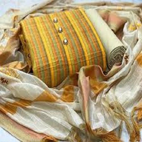 Ladies Casual White And Yellow Unstitched Cotton Silk Striped Salwar Suit Decoration Material: Beads