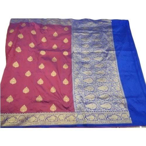 Cotton Silk Eco Friendly Comfortable To Wear Party Wear Pink And Blue Printed Banarasi Ladies Sarees