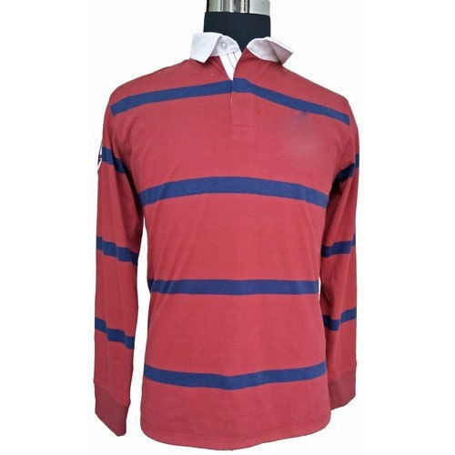 Mens Red And Blue Colour Striped Full Sleeve Polo T-shirt For Casual Wear