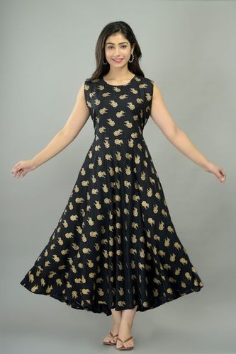 Women'S Eco Friendly Eye Catching Design Cotton Anarkali Sleevesless Black Printed Frock Suit  Decoration Material: Cloths