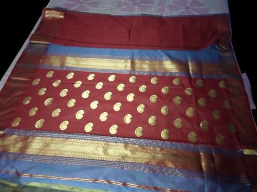 Maroon And Blue 6.3 M Ladies Zari Work Designer Cotton Silk Saree For Party Wear