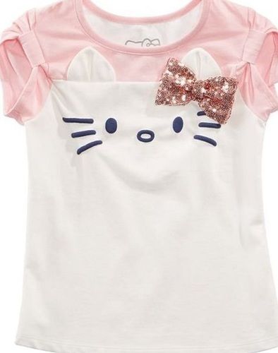 Breathable And Washable Kitty Pattern Short Sleeve Style Plain Girls T Shirt Age Group: 9-13