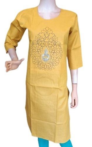 No Fade Formal Wear 100 Percent Cotton Round Neck Yellow Ladies Designer Kurti For Summer