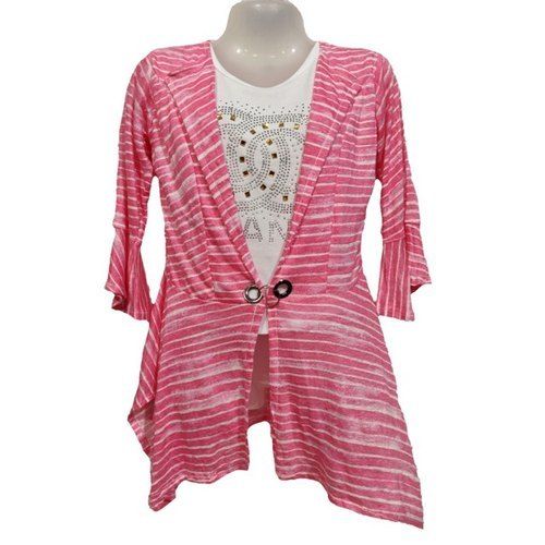 Cotton Girls Pink Color Party Wear Striped Pattern Fancy Top With Over Coat Style