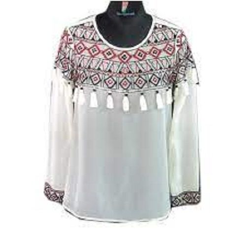 Ladies Casual Long Sleeves Round-Neck White Embroidered Cotton Tops Length: 32 Inch (In)