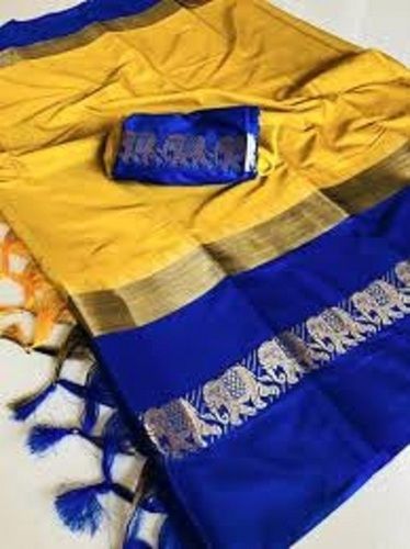 Traditional Party Wear Yellow And Blue Border Cotton Silk Assam Silk Saree With Blouse