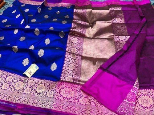 Traditional Printed Gota Work With Blue And Purple Combination Pure Banarasi Silk Sarees