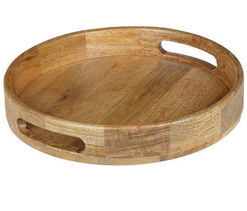 Polished Round Wooden Decorative Tray For Gifting With Brown Finish And Antique Design