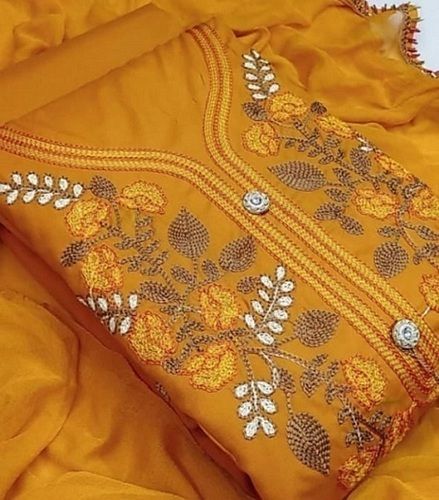 Breathable And 100% Cotton Unstitched Ladies Suits And Yellow Colour And Fancy Decoration Material: Cloths