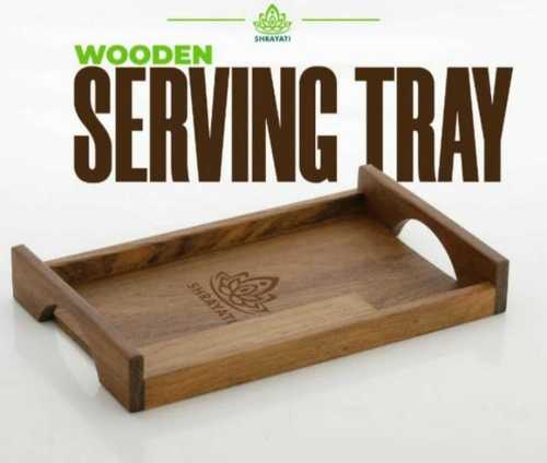 Wood Hand Made Natural Finish Wooden Serving Tray In Rectangular Shape