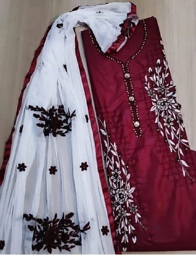 High Design Comfortable Unstitched Ladies Suits And Maroon White Colour And Fancy