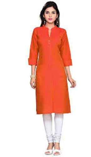 Ladies 3/4Th Sleeves Mandarin-Neck With V-Slit Orange Plain Cotton Silk Kurti Bust Size: 38 Inch (In)