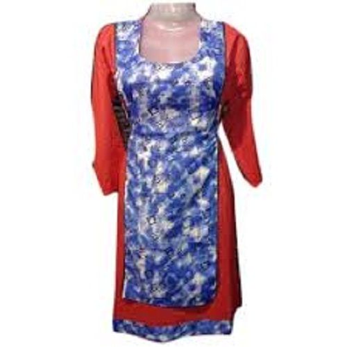 Ladies Casual 3/4Th Sleeves U-Neck Blue And Red Printed Cotton Silk Kurti Bust Size: 38 Inch (In)