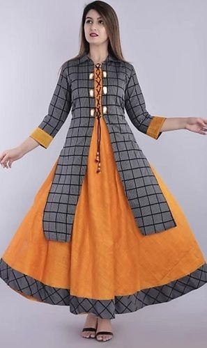 Yellow Gray Ladies Casual Wear Collared 3/4Th Sleeves Checked Cotton Frock Suits