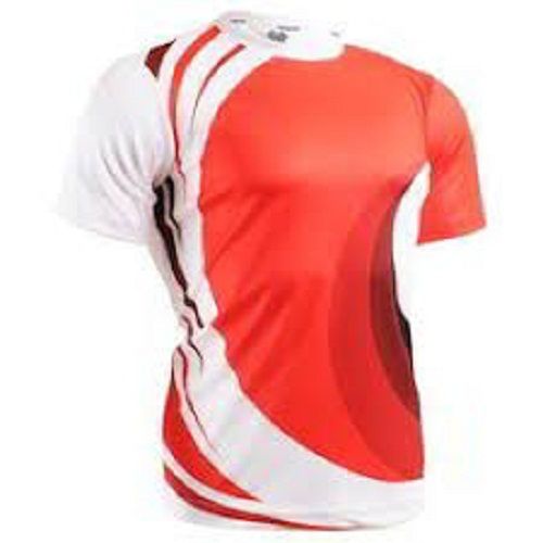 Nylon Half Sleeves Printed Pattern Red And White Sports T Shirt For Mens