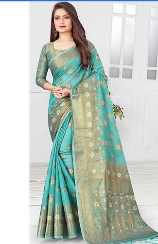 Party Wear Saree And Green Shrink Resistant And High Design Comfortable Ladies Silk 