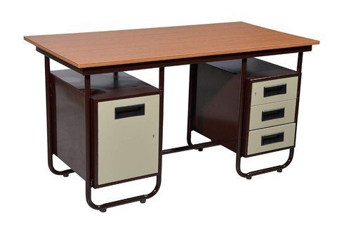 Brown Steel Office Table With Wooden Top Surface With Drawers On Both Sides