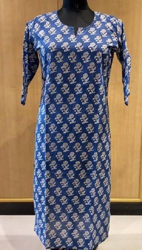 Shrink Resistance Skin Friendliness Womens Cotton 3/4 Sleeves V Neck Blue Printed Straight Kurta