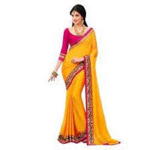 Skin Friendliness Elegant Look Yellow And Pink Cotton Silk Embroidered Ladies Saree