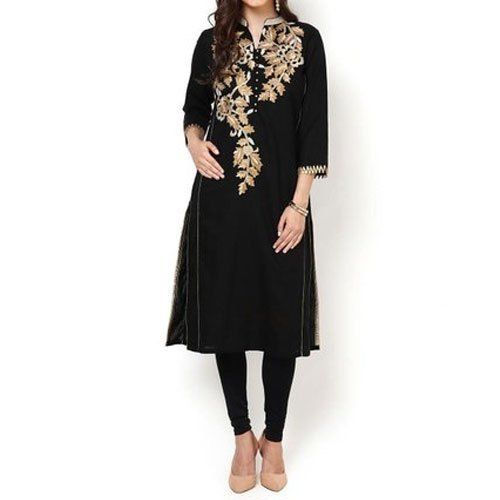 Breathable Black Colour Ladies Party Wear Cotton Embroidered Kurti With 3/4th Sleeves