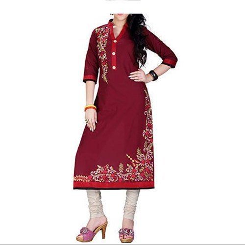 Breathable Marron Colour Cotton Embroidered Ladies Kurti With 3/4Th Sleeves Decoration Material: Laces