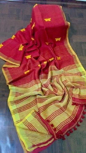 Spring Ladies Casual Wear Red And Yellow Plain 100% Pure Cotton Saree 