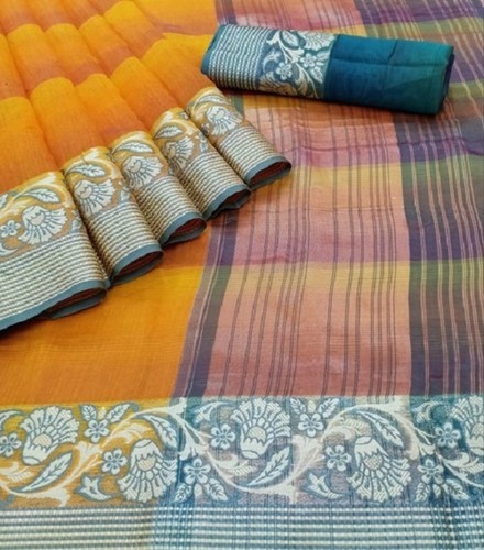 Casual Ladies Multicolored Printed Stone Work 100% Pure Cotton Saree For Parties And Events