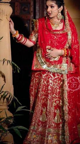 Cotton Silk Womens Designer Red Colored Wedding Wear Dulhan Lehenga Choli With Stone Work