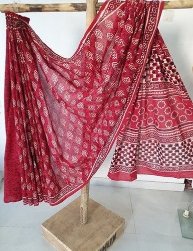 Formal Red Colour Casual Wear Womens Block Printed Cotton Saree With Blouse Piece Set