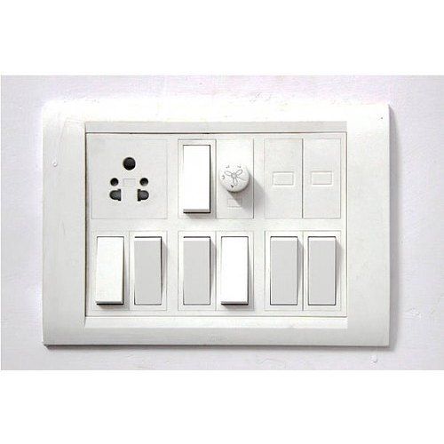 White Shock Proof Plastic Electrical Switch Board With 7 Switches With Fan Regulator And Socket