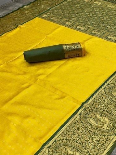 Yellow Comfortable Traditional Banarasi Look Designer Print 100 Percent Silk Saree For Ladies